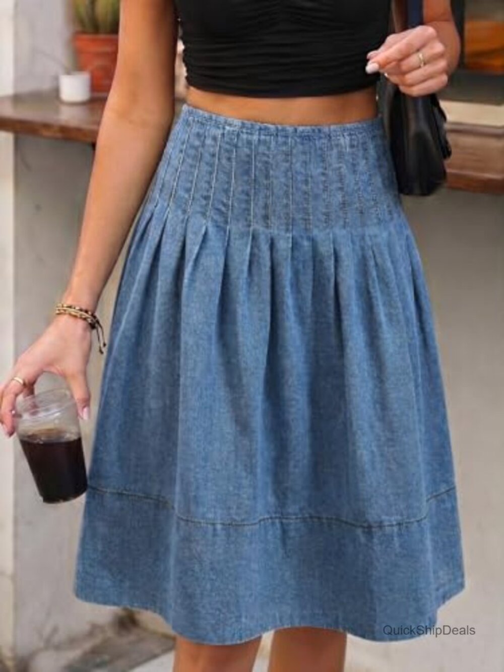 High Waisted Pleated Denim Midi Skirt A-Line Jean Skirt Women Casual - Picture 2 of 6